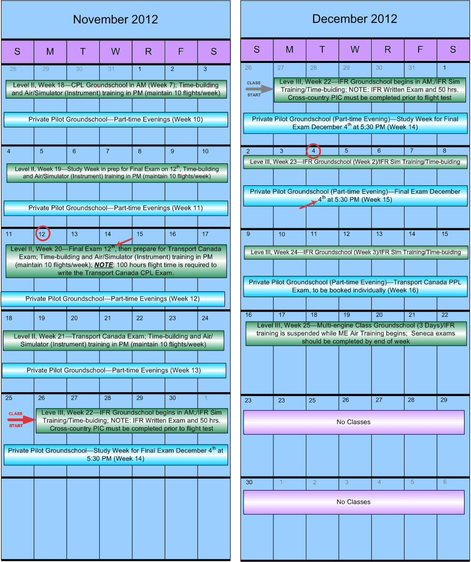 Langley Flying School Training Calender for November and December, 2012